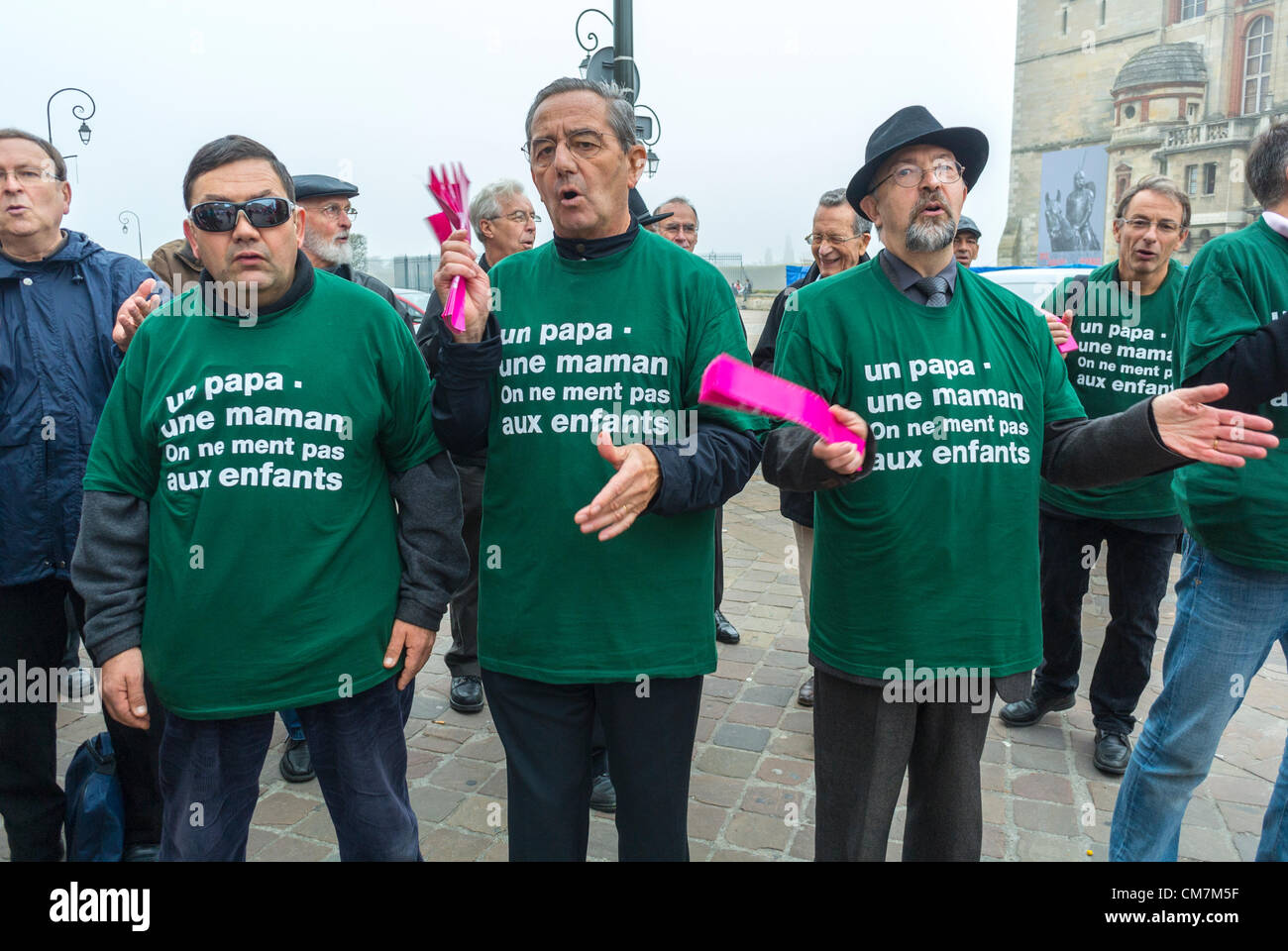 Paris, France, Group Men with Militant T-Shirts, French Extreme Right, 'Alliance Vita' Protesters 'Anti Gay Marriage', Homophobia, extreme prejudice, catholic activists Stock Photo