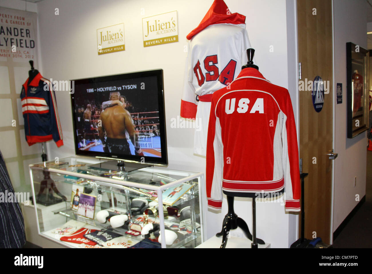 Oct. 19, 2012 - Los Angeles, California, USA - Memorabilia on display for auction during the 50th.   birthday celebration of Five time World Heavy Weight   Champion Evander ''The Real Deal'' Holyfield at  Julien s  Auctions in Beverly Hills, CA. on Friday October  19, 2012. (Credit Image: © Burt Harris/Prensa Internacional/ZUMAPRESS.com) Stock Photo