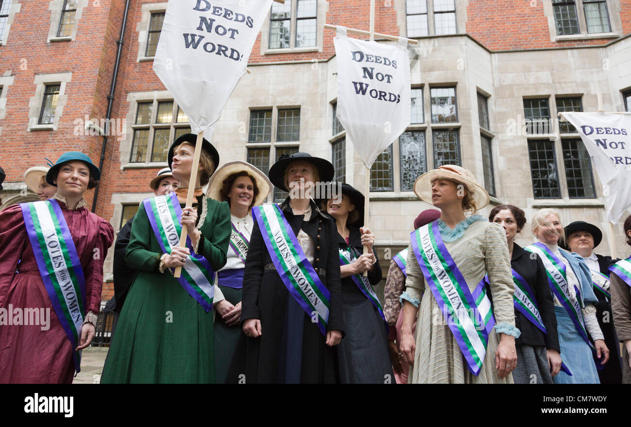 London, England, UK. Wednesday, 24 October 2012. The 'Olympic Suffragettes' who performed at the opening ceremony of the Olympics gather at Church House, Westminster, for a rally organised by UK Feminista and later led the attendees to Parliament. Picture credit: Nick Savage/Alamy Live News. Stock Photo