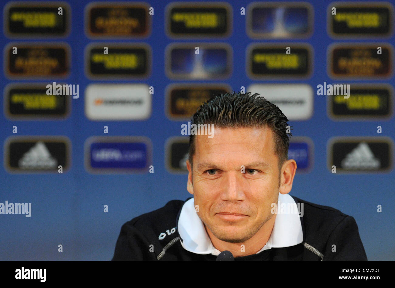 Coach of FC Hapoel Ironi Kiryat Shmona Barak Bachar speaks during the press conference prior to