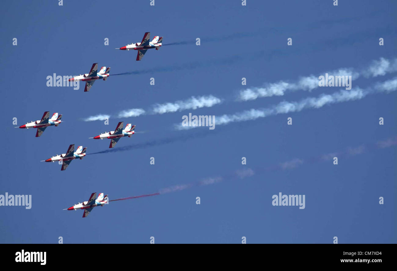 View of aerobatics of Sherdil formation during graduation ceremony held ...