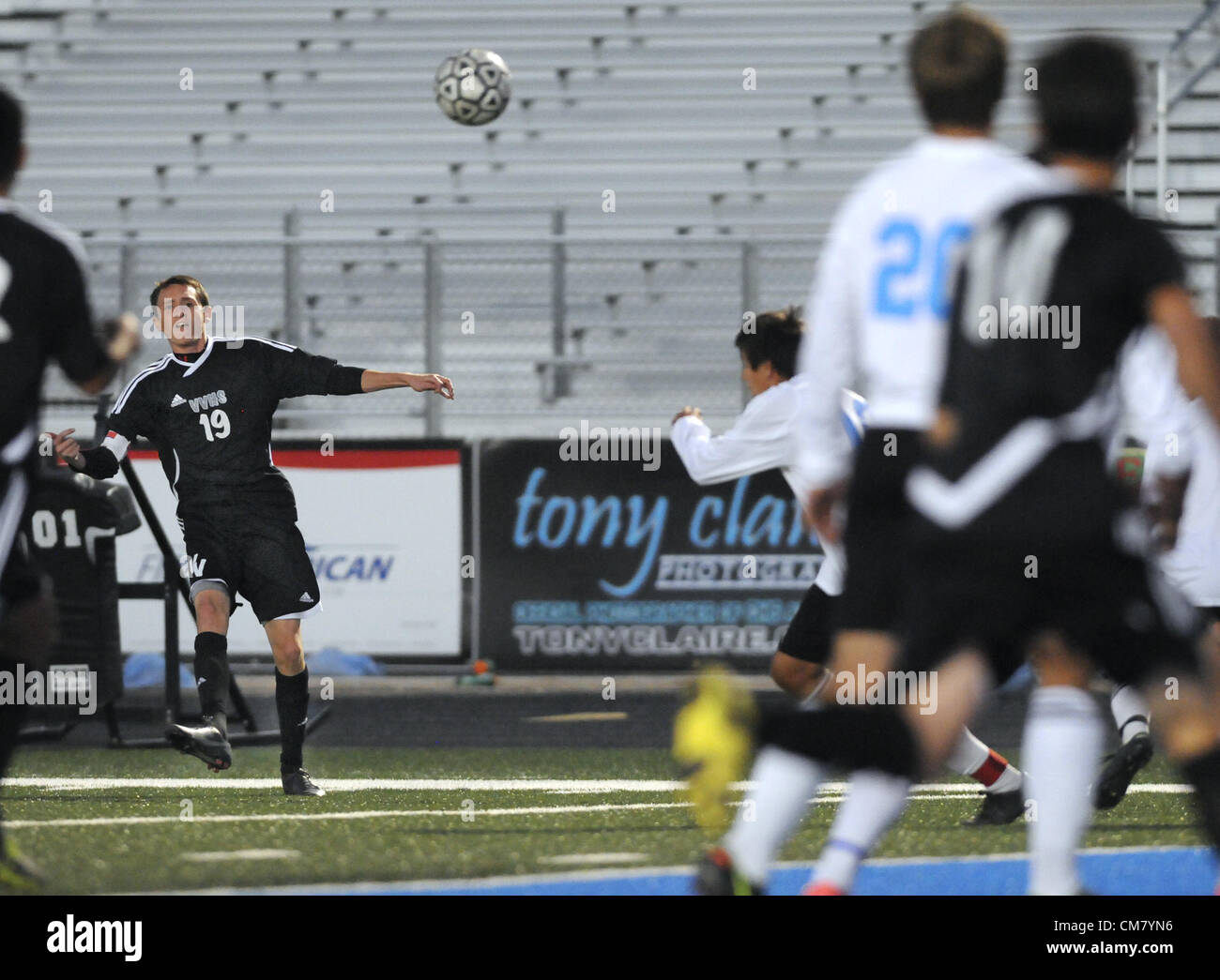 Oct. 24, 2012 - Albuquerque, NM, U.S. - Volcano Vista and Cleveland battle it out in boys soccer Wed. night. Wednesday, Oct. 24, 2012. (Credit Image: © Jim Thompson/Albuquerque Journal/ZUMAPRESS.com) Stock Photo