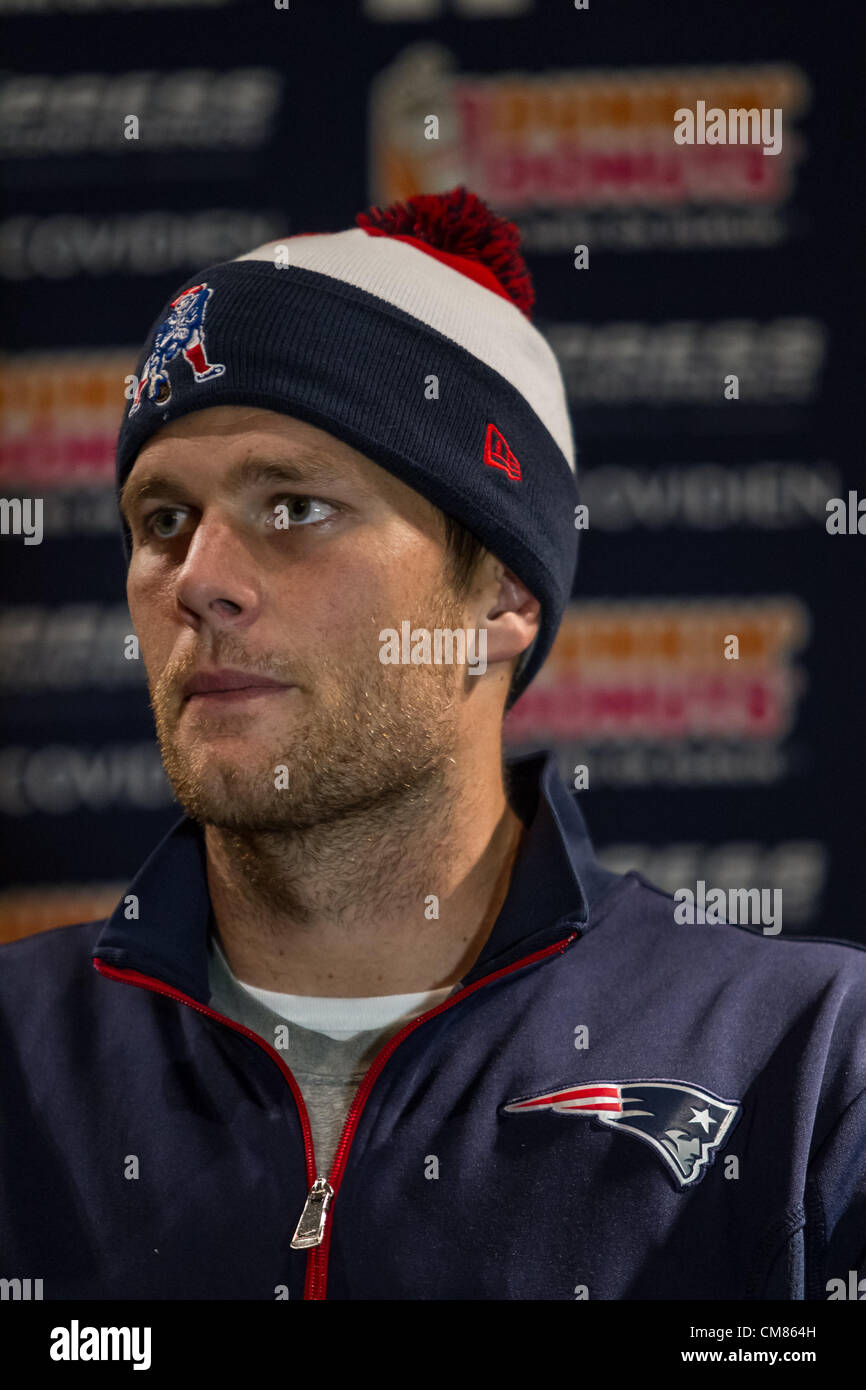 26.10.12 London, UK. Quarterback Tom Brady of the New England Patriots presents to the media at Grosvenor Hotel ahead of the NFL Pepsi Max Internation Series game against St Louis Rams at Wembley Stadium on Sunday 28 October. Stock Photo