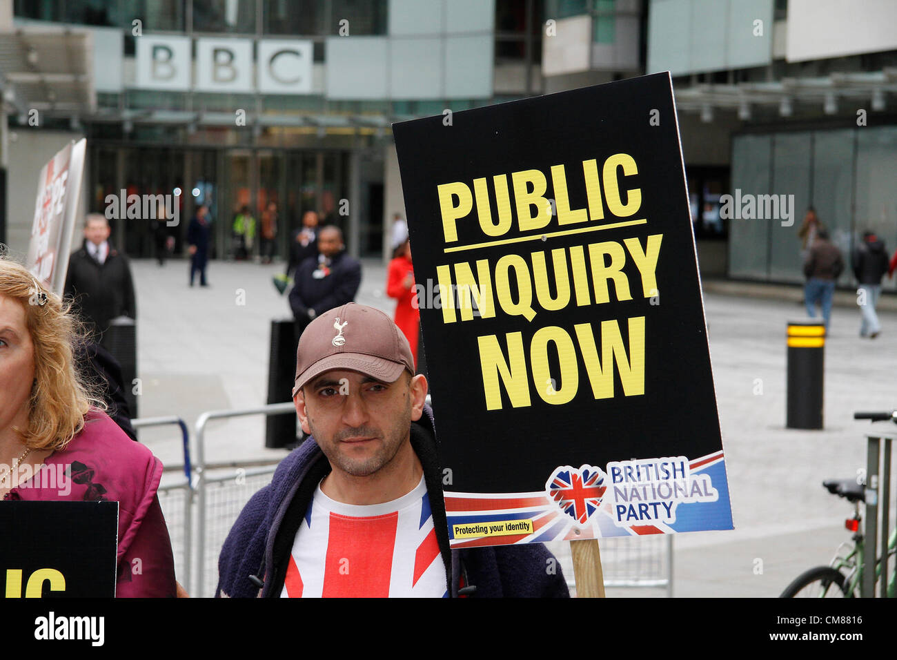 British National Party protesters outside BBC Broadcasting House, Portland Place. Stock Photo