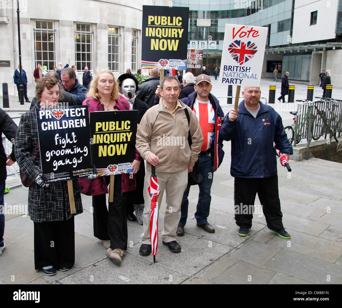 London, UK, 26/10/12: British National Party protesters outside BBC Broadcasting House, Portland Place. Stock Photo