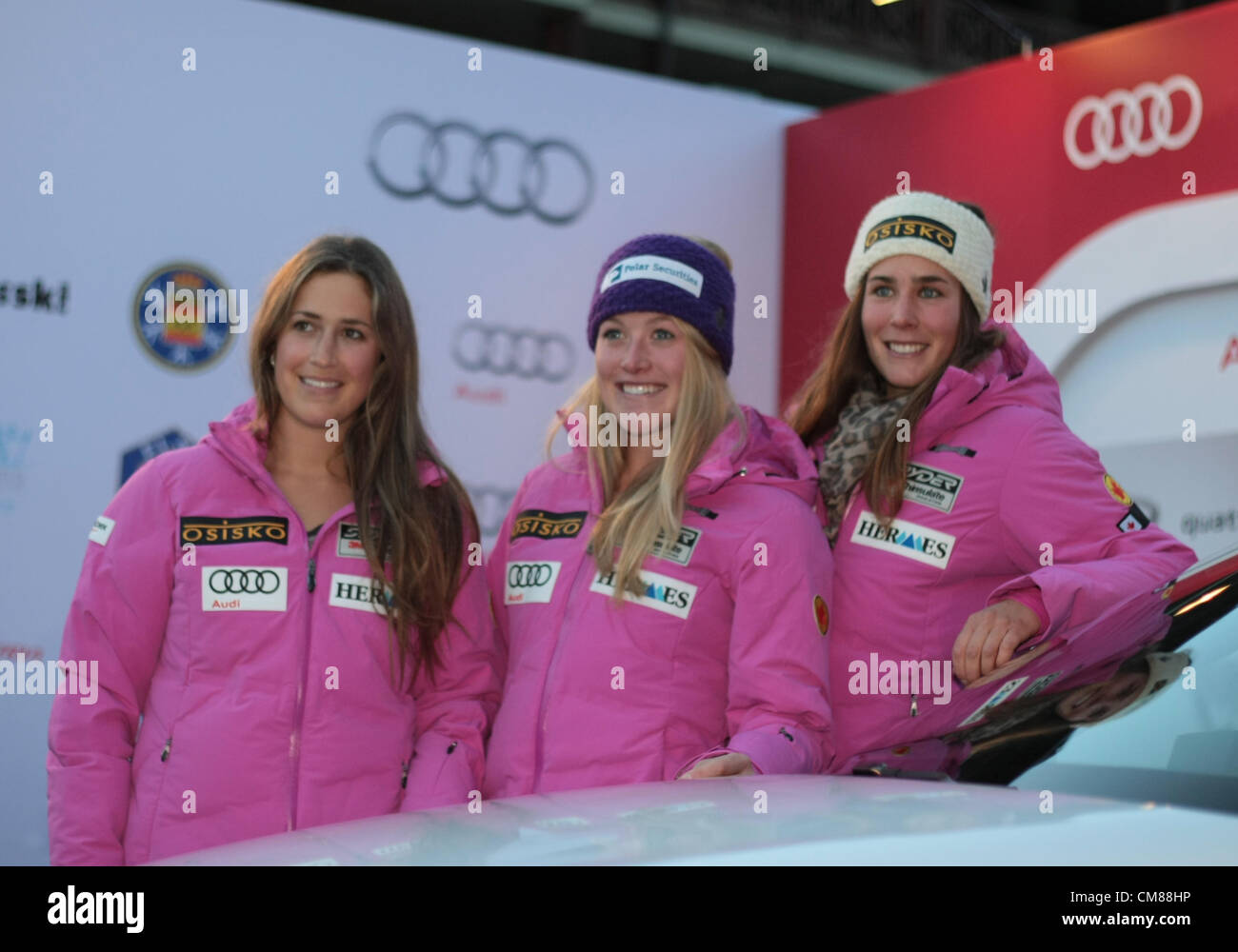 25.10.2012. Soelden, Austria.  Spanish Ladies Ski Team in action during the Audi photo shooting FIS Alpine Ski World Cup Solden, Austria 2012-2013 Stock Photo