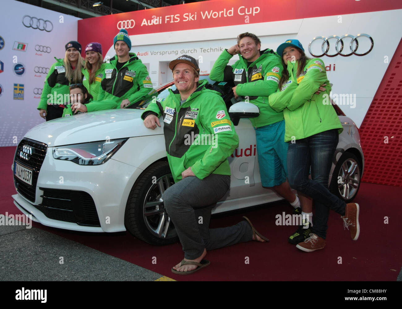 25.10.2012. Soelden, Austria.  In front Ted LIGETY with American ski team in action during the Audi photo shooting FIS Alpine Ski World Cup Solden, Austria 2012-2013 Stock Photo