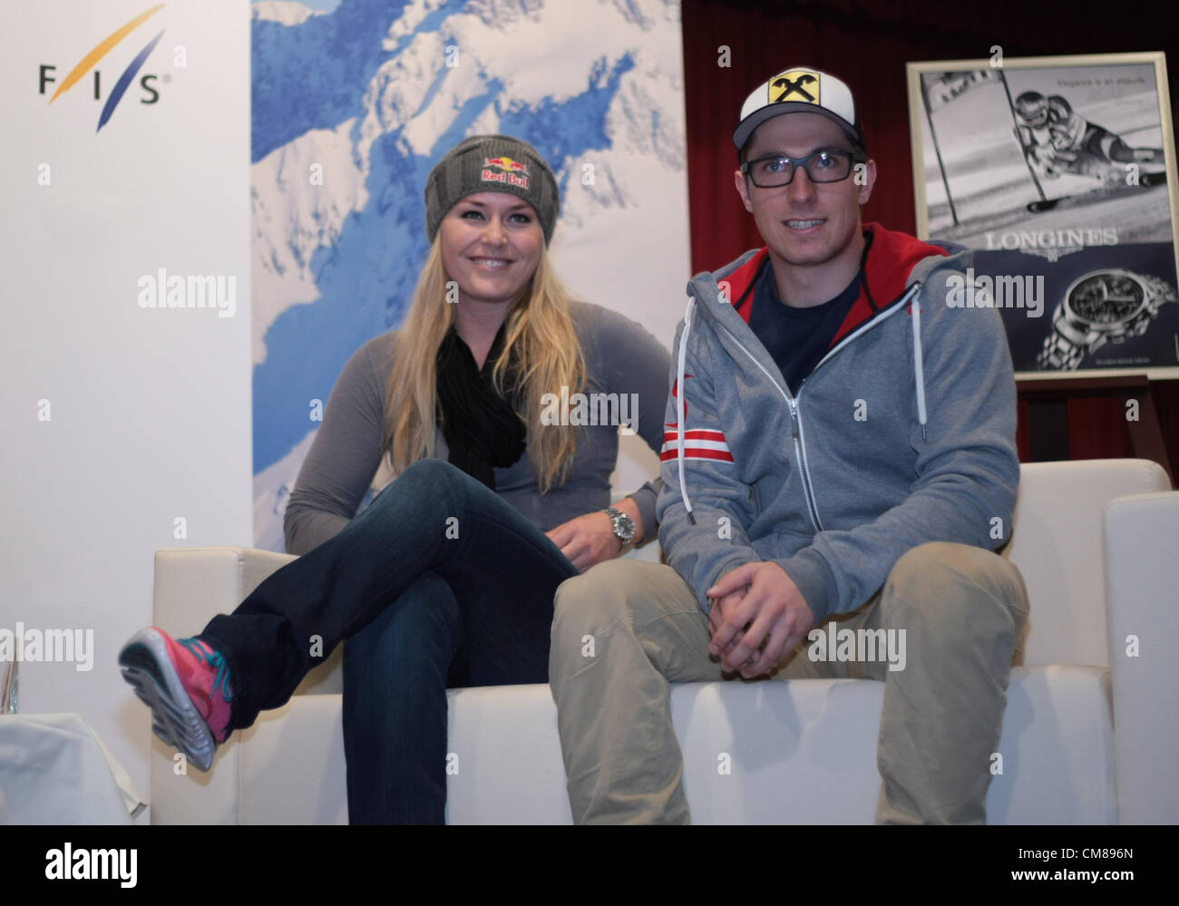 26.10.2012. Soelden, Austria.  Lindsey Vonn (USA) and  Marcel HIRSCHER (AUT ) during the Forum Alpinum, media talk at  FIS Alpine Ski World Cup Solden, Austria 2012-2013 Stock Photo