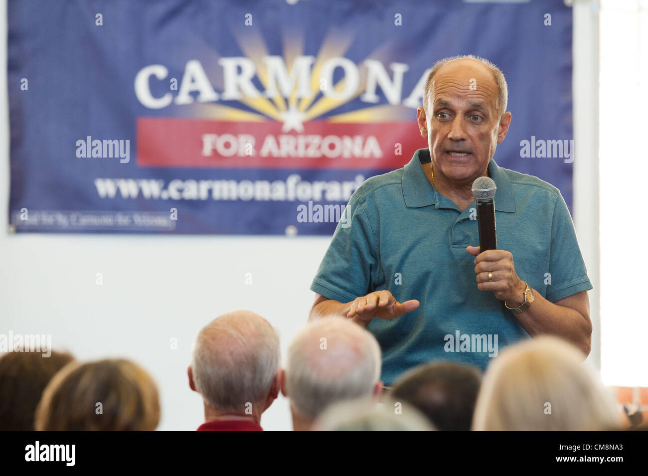 Oct. 28, 2012 - Tucson, Arizona, U.S. - RICHARD CARMONA, the Democratic candidate for Arizona's open Senate seat, campaigns at a midtown high school in Tucson, Ariz. leading into the final week of the 2012 election cycle.  Carmona championed his political moderation, and blamed the Flake campaign and associated PACs for the ad-driven smear campaign that has heated up over the last few weeks.  Recent polls show the once long-shot candidate neck-and-neck with the GOP candidate Rep. J. Flake (R-Ariz.) (Credit Image: © Will Seberger/ZUMAPRESS.com) Stock Photo