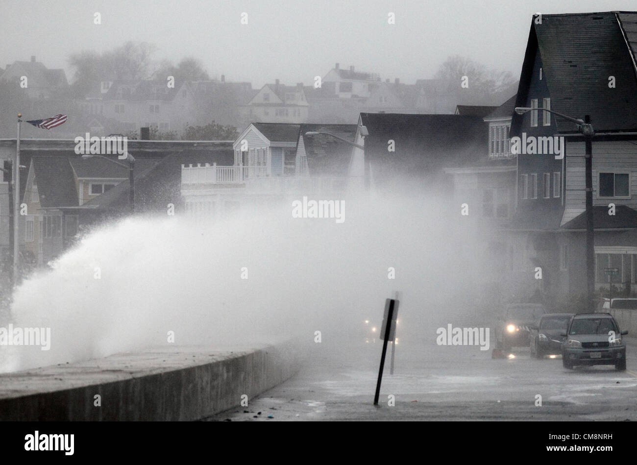 Winthrop, Massachusetts, USA. Waves driven by high winds from Hurricane