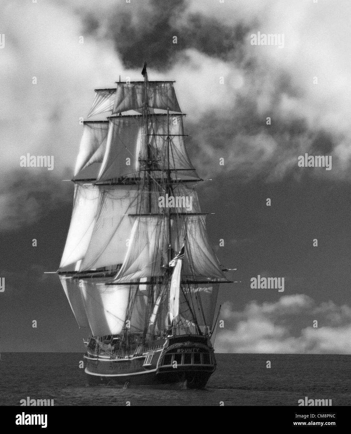 Aug. 24, 2010 - Chicago, Illinois, U.S. - FILE - The HMS Bounty, 180 foot tall ship sank off the coast of North Carolina about 90 miles southeast of Hatteras. 14 crew members were rescued and 2 are missing. The U.S. Coast Guard rescued the 14 who were in two life rafts. The HMS Bounty was built as a replica of the original British transport ship for the 1962 movie, 'Mutiny on the Bounty' and 'Pirates of the Carribbean Deadman's Chest.'  PICTURED:  August 24, 2012 - Tall Ships Parade Chicago. (Credit Image: © Karen I. Hirsch/ZUMAPRESS.com) Stock Photo