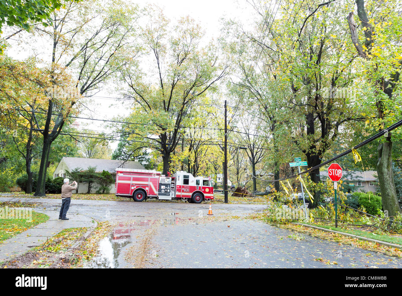 Man photographing a damage caused by strong winds of a Hurricane Sandy that caused trees to topple bringing down power lines and cutting of power for thousands of people Stock Photo