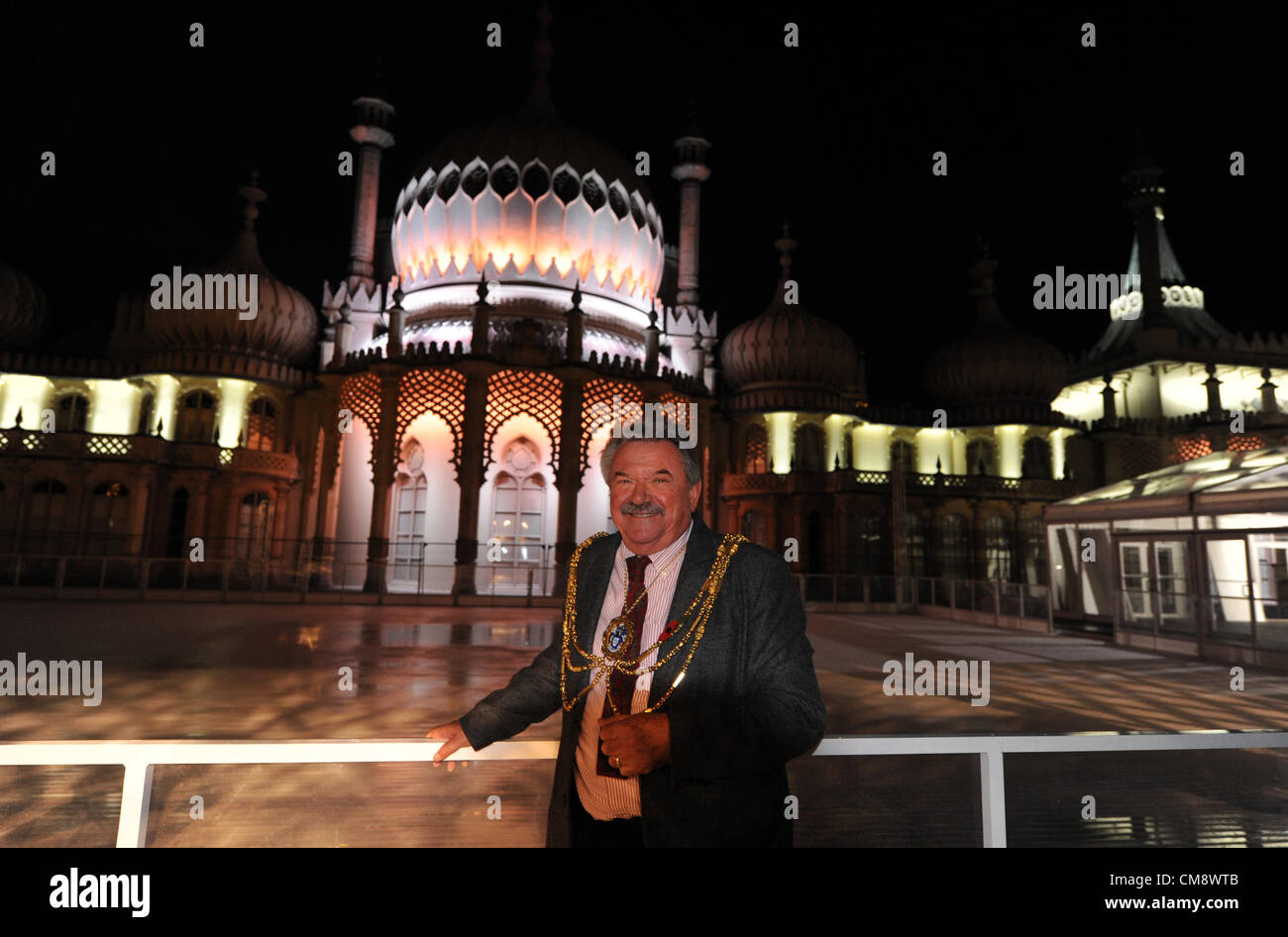 Brighton UK 30 October 2012 -The Royal Pavilion in Brighton is lit up tonight by a new set of LED lights which is expected to be an eighth of the cost of the old set and will be a lot more environmentally friendly. The Mayor of Brighton and Hove Cllr Bill Randall turned the lights on. Credit:  Simon Dack / Alamy Live News Stock Photo