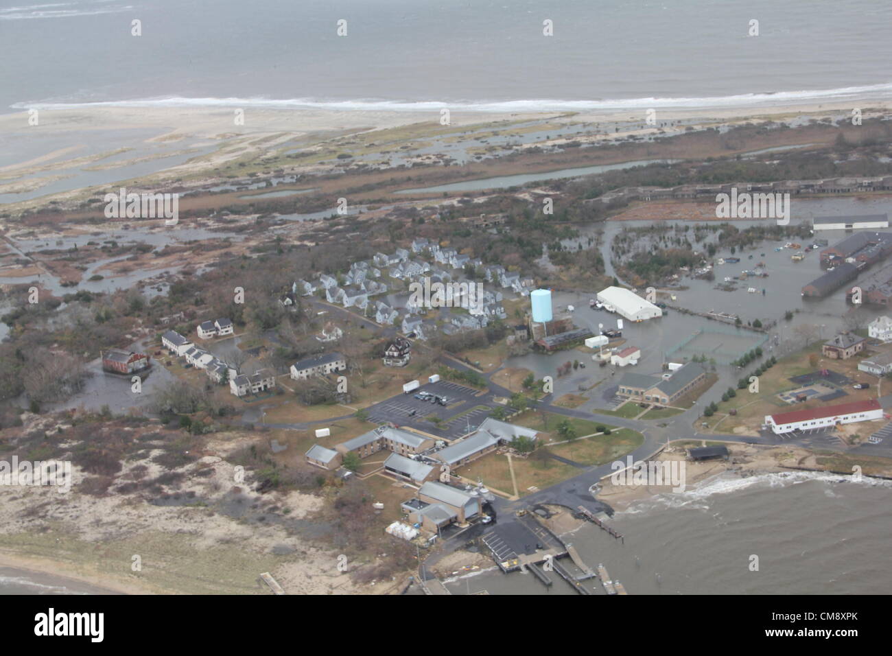 Homes are displaced in Brigantine, N.J., Oct. 30, 2012, after Hurricane Sandy made landfall on the southern New Jersey coastline, USA Oct. 29, 2012. The photo was taken by a Coast Guard crewmember aboard an MH-65 Dolphin helicopter from Coast Guard Air Station Atlantic City during a flooding assessment over flight. Credit: Archive Image/US Coast Guard Stock Photo