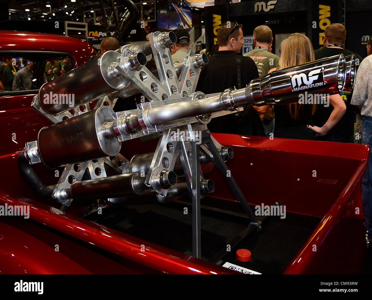 Crowd Muffle October 31,2012. Las Vegas NV. Magnaflow muffler on display as ...