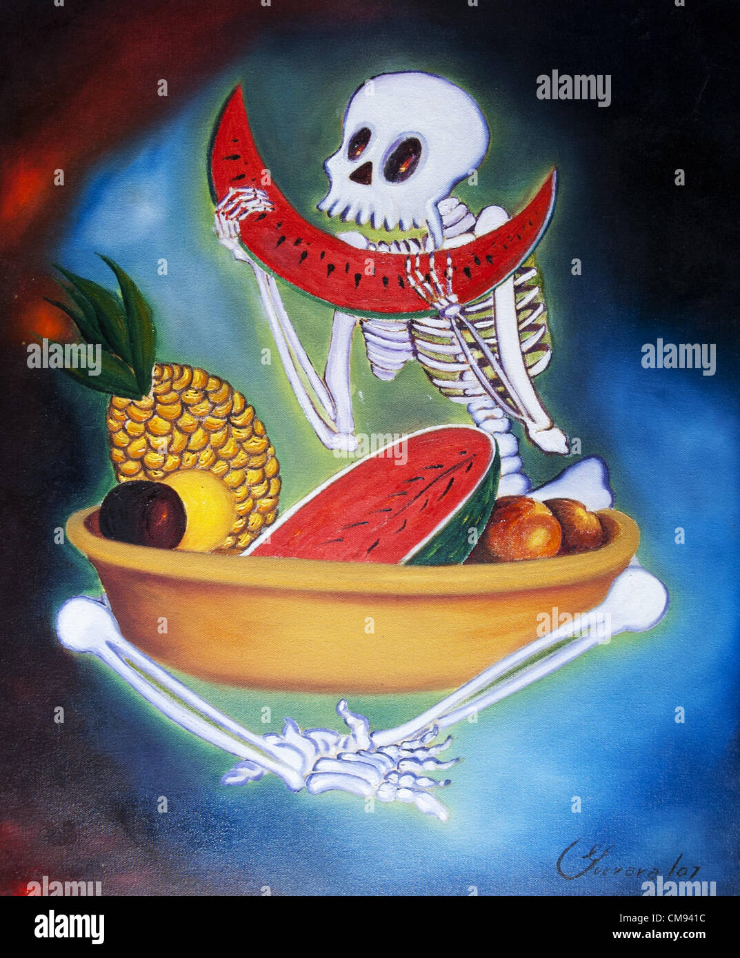 Oct. 31, 2012 - San Juan Capistrano, California, USA - Artist ART GUEVARA'S Day of the Dead oil painting, 20X24, entitled ''La Ultima Cena (Last Supper.)  The colors of the watermelon, red, white and green are meant to symbolize the Mexican Flag. Mexican artist ART GUEVARA, 63, of San Juan Capistrano, California, has created an artwork series celebrating All Saints Day, also known as Dia De Los Muertos in Mexico and other Latin American Countries. Mexican and other Latin American countries traditionally celebrate the holiday by visiting the grave sites of loved ones. Stock Photo