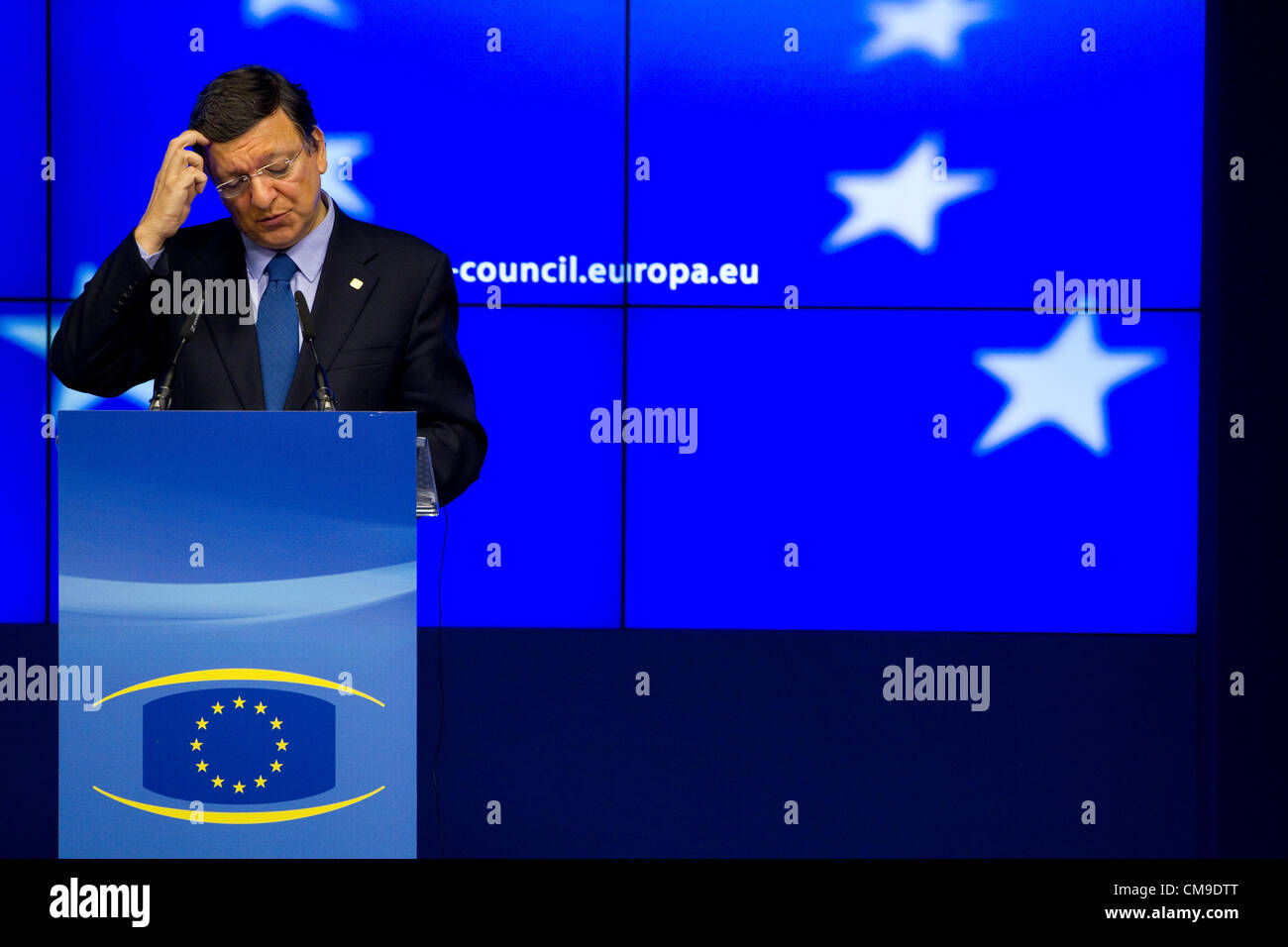 EU Summit, Justus Lipsius Building, Brussels. 28.06.2012 Picture shows José Manuel Barroso, President of the European Commission in the main media hall at Brussels European Parliament, at the EU Summit today. Stock Photo