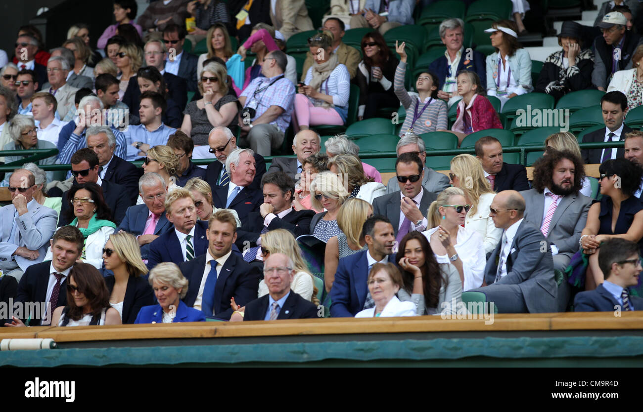 30.06.2012 The All England Lawn Tennis and Croquet Club. London, England. At Centre Court at The Championships Wimbledon, Lawn Tennis Club - London. Sir Bobby Charlton, Ryan Giggs, Boris Becker and other celebrities in the royal box. Stock Photo