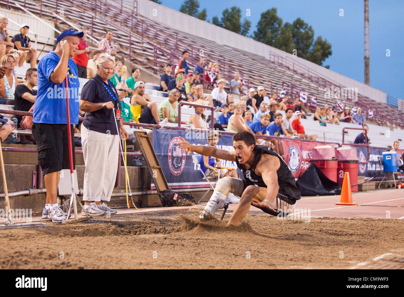 Indianaplis, IN, USA, 30 June 2012.  Single leg amputee Trenten Merrill, Canada, competes in the men's long jump at the U.S. Paralympic Trials for track and field. Stock Photo