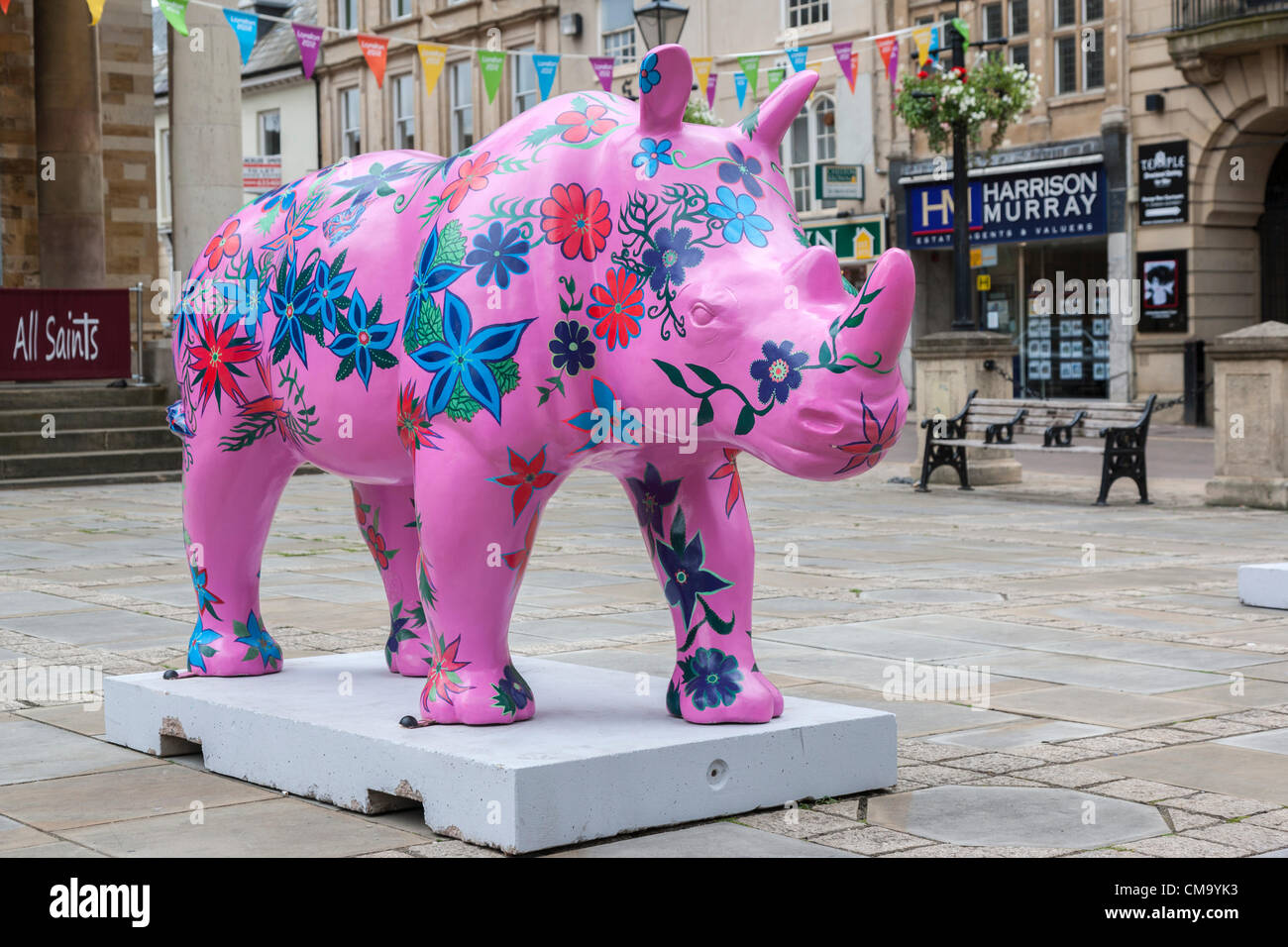 1st July 2012. Go Safari Northampton UK, a project involving local artists and Schools. Giraffes, hippos, gorillas and rhinos each around (1.53m) high can be seen on streets, parks and open spaces around the town, they will be on display until 2nd September. The project is organised by arts company Wild in Art. Stock Photo