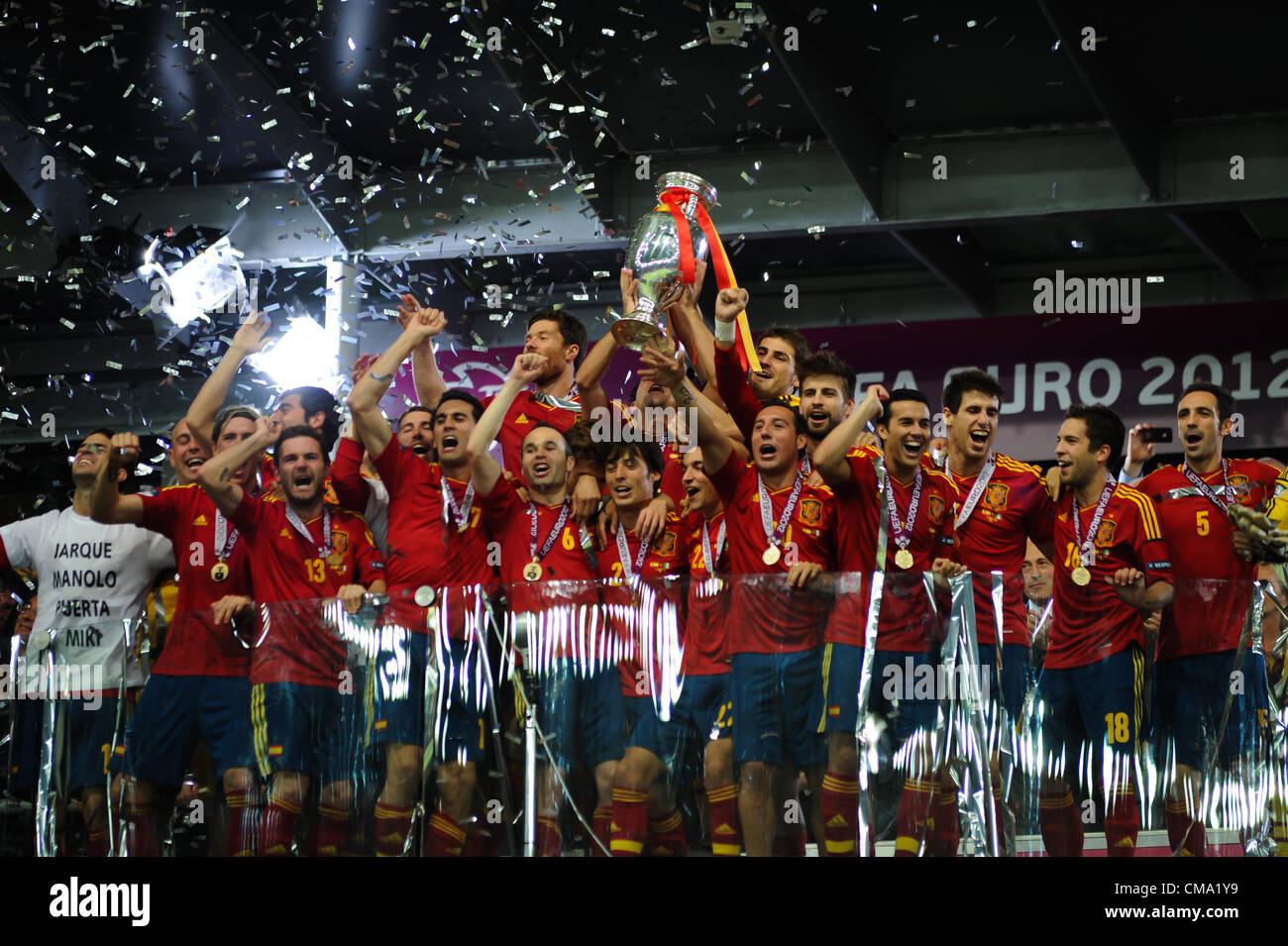 07.01.2012 , Kiev, Ukraine. Iker Casillas (Real Madrid CF) holds up the trophy for Spain. Spain celebrate winning the European Championship Final game between Spain and Italy from the Olympic Stadium. Stock Photo