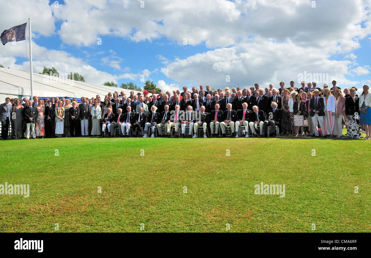 Photocall of passed British rowing Olympians  in the Stewards Enclosure at  Henley Royal Regatta  Sunday July1 2012 Over 170 of Great Britain’s rowing Olympians, going back as far as 1948, watched as young rowers from around the world showed their future potential in today’s finals at Henley Royal Regatta. Brought together for a reunion at the Regatta. it began with a row-past by British Olympic medallists in the royal barge Gloriana, which has been moored at the end of the course all week. The group included two of the eight that won silver when the Olympic regatta was held at Henley in 1948. Stock Photo