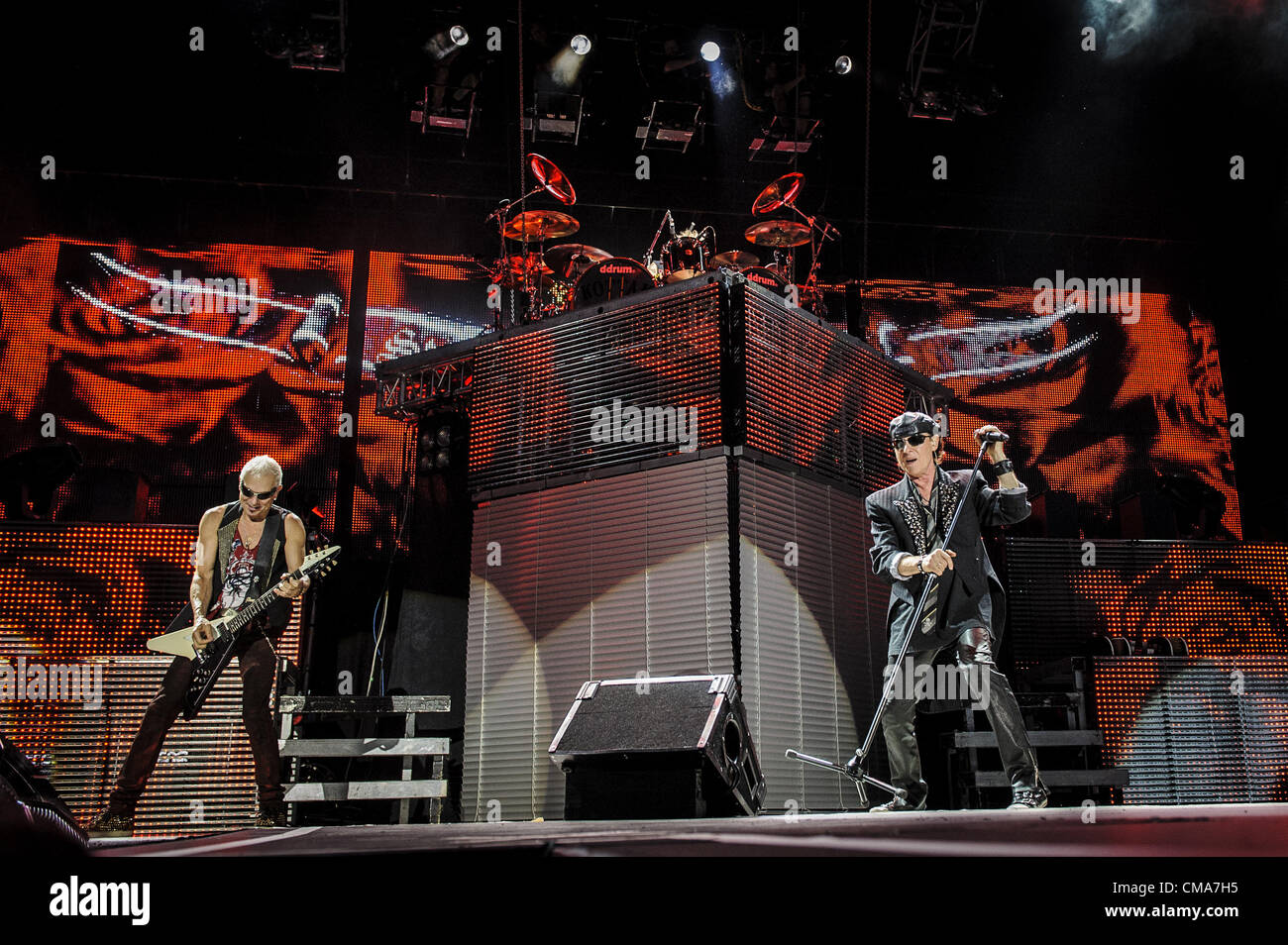 July 2, 2012 - Toronto, Ontario, Canada - Lead vocalist KLAUS MEINE and lead guitarist RUDOLF SCHENKER of legendary German rock band Scorpions on stage at Molson Amphitheatre in Toronto during bandâ€™s Final Sting World Tour 2012. (Credit Image: © Igor Vidyashev/ZUMAPRESS.com) Stock Photo