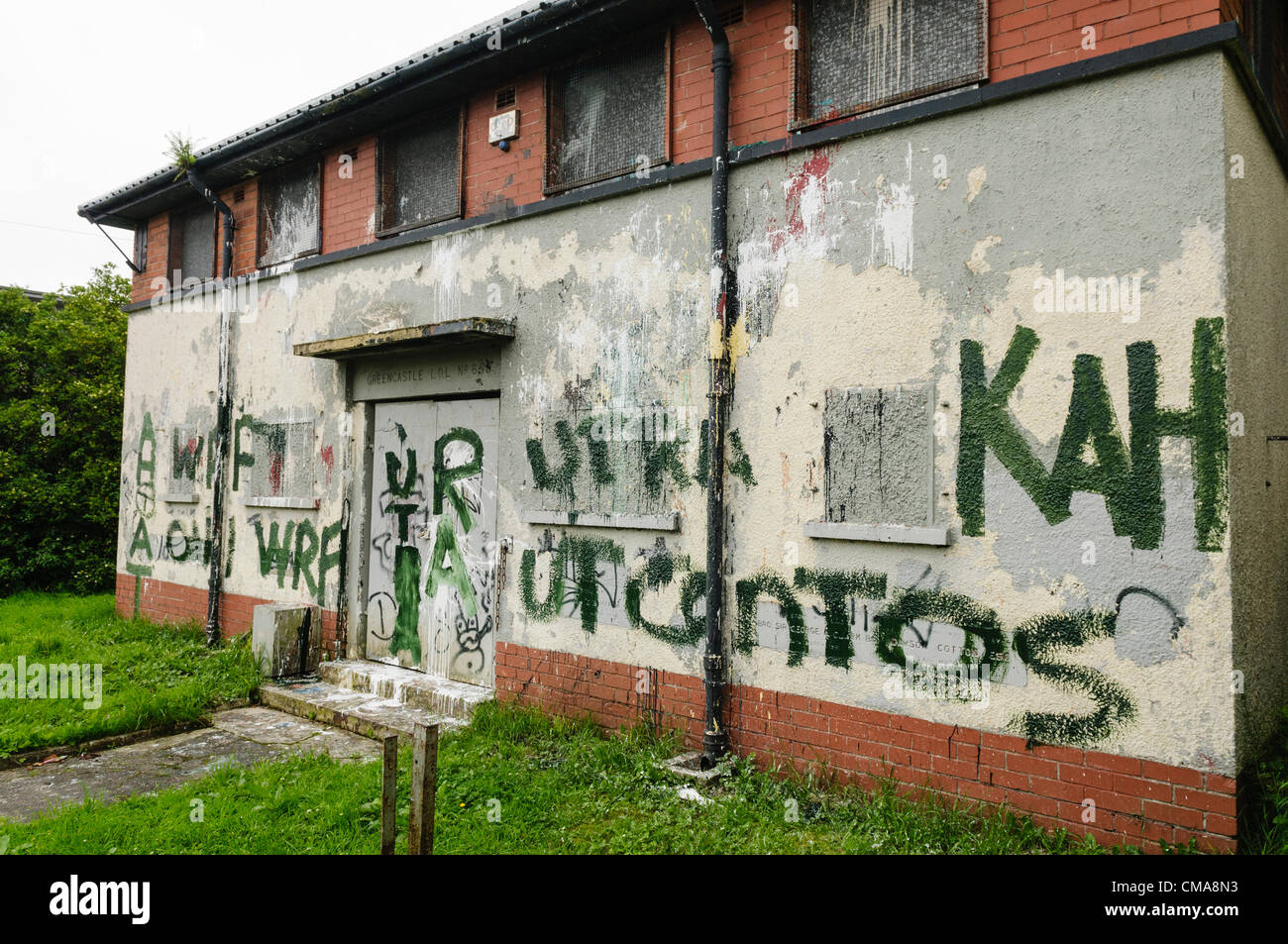 Northern Ireland, Belfast 03/07/2012 - Greencastle Orange Hall has been attacked with paintbombs and had sectarian graffiti written on it. Stock Photo