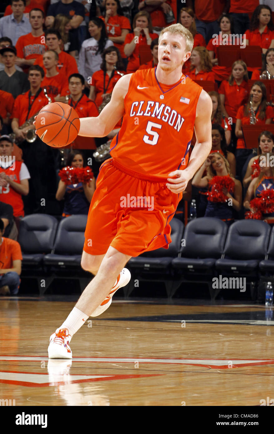 Jan. 31, 2012 - Charlottesville, Virginia, United States - Tanner Smith #5 of the Clemson Tigers handles the ball during the game against the Virginia Cavaliers at the John Paul Jones Arena in Charlottesville, Virginia. Virginia defeated Clemson 65-61. (Credit Image: © Andrew Shurtleff/ZUMAPRESS.com) Stock Photo