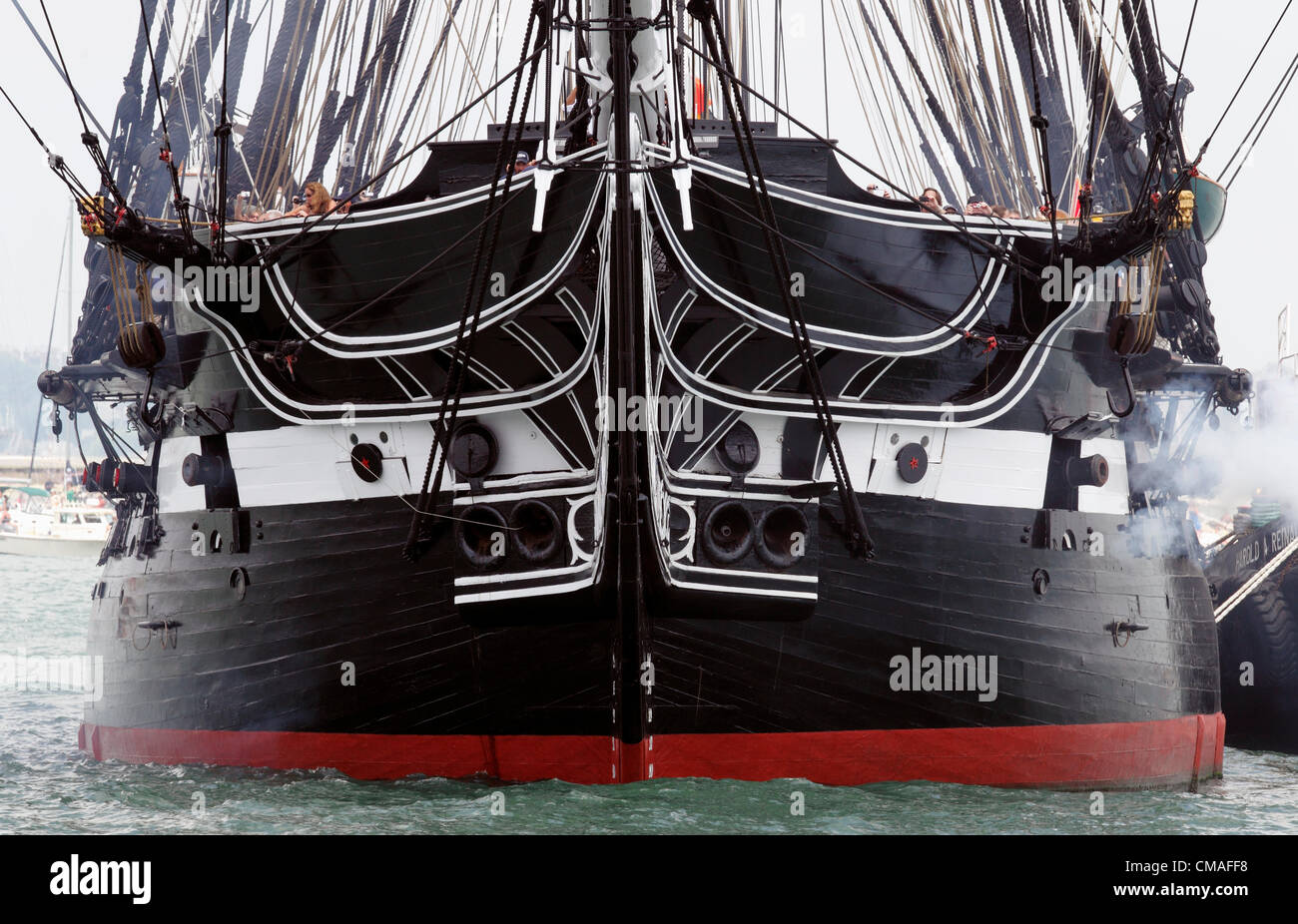 The USS Constitution fires a canon on her annual Independence Day