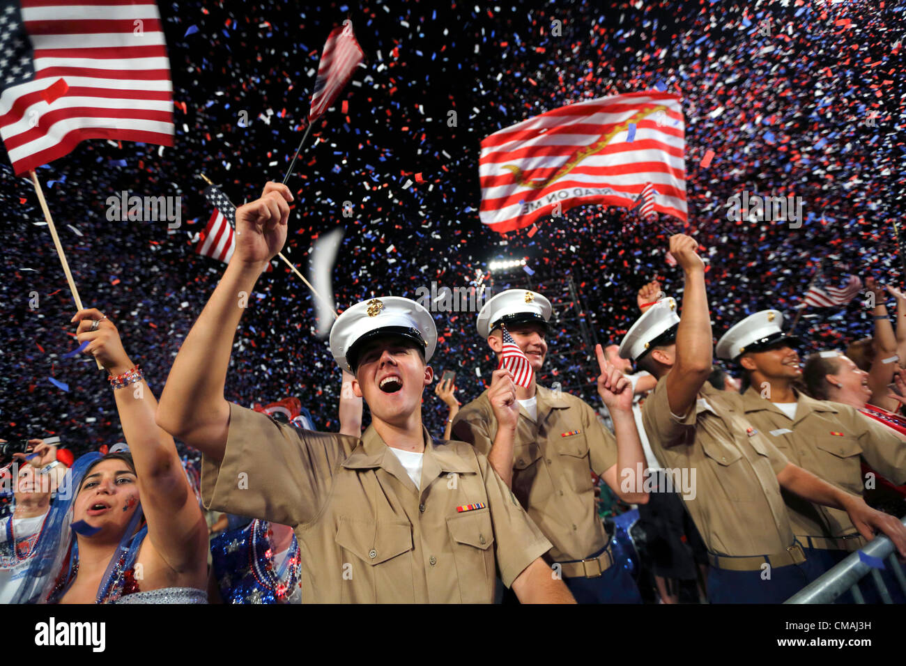 US Marines celebrate during the annual  Independence Day Boston Pops Orchestra concert at the Hatch Shell in Boston, Massachusetts, Wednesday, July 4, 2012. Stock Photo
