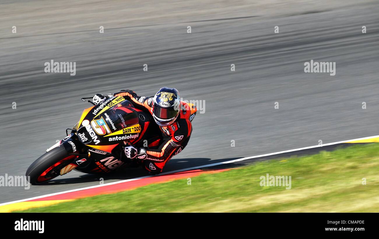 06.07.2012. Hohenstein-Ernstthal, Germany.  American MotoGP racer Colin Edwards of Team NGM Mobile Forward Racing rides his motorcycle in a training round for the German Grand Prix at Sachsenring in Hohenstein-Ernstthal,Germany, 06 July 2012. Stock Photo