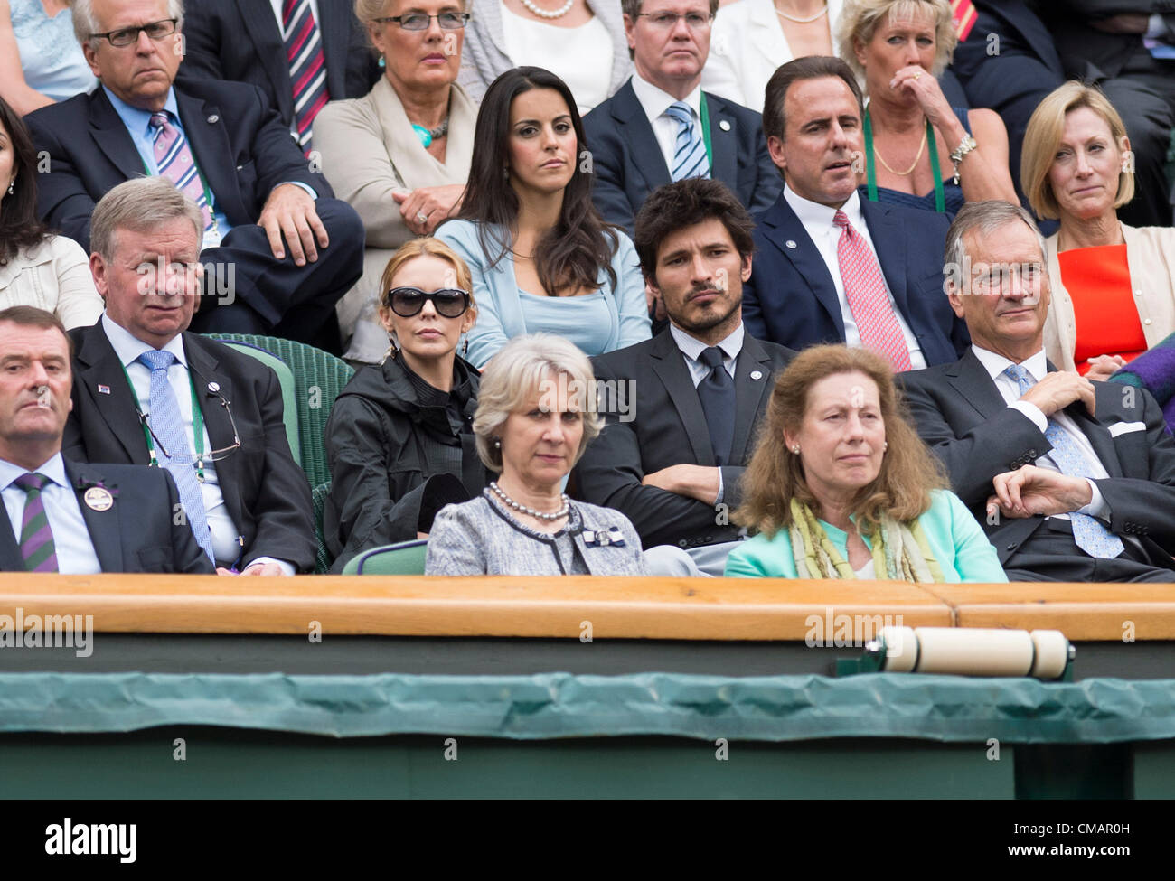 06.07.2012. The Wimbledon Tennis Championships 2012 held at The All England Lawn Tennis and Croquet Club, London, England, UK.  Novak DJOKOVIC (SRB) [1] v Roger FEDERER (SUI) [3]. Kylie Minogue (in black) watches the match. from the Royal Box. Federer reached his 24th Grand Slam final with a 6-3 3-6 6-4 6-3 win over Djokovic. Stock Photo