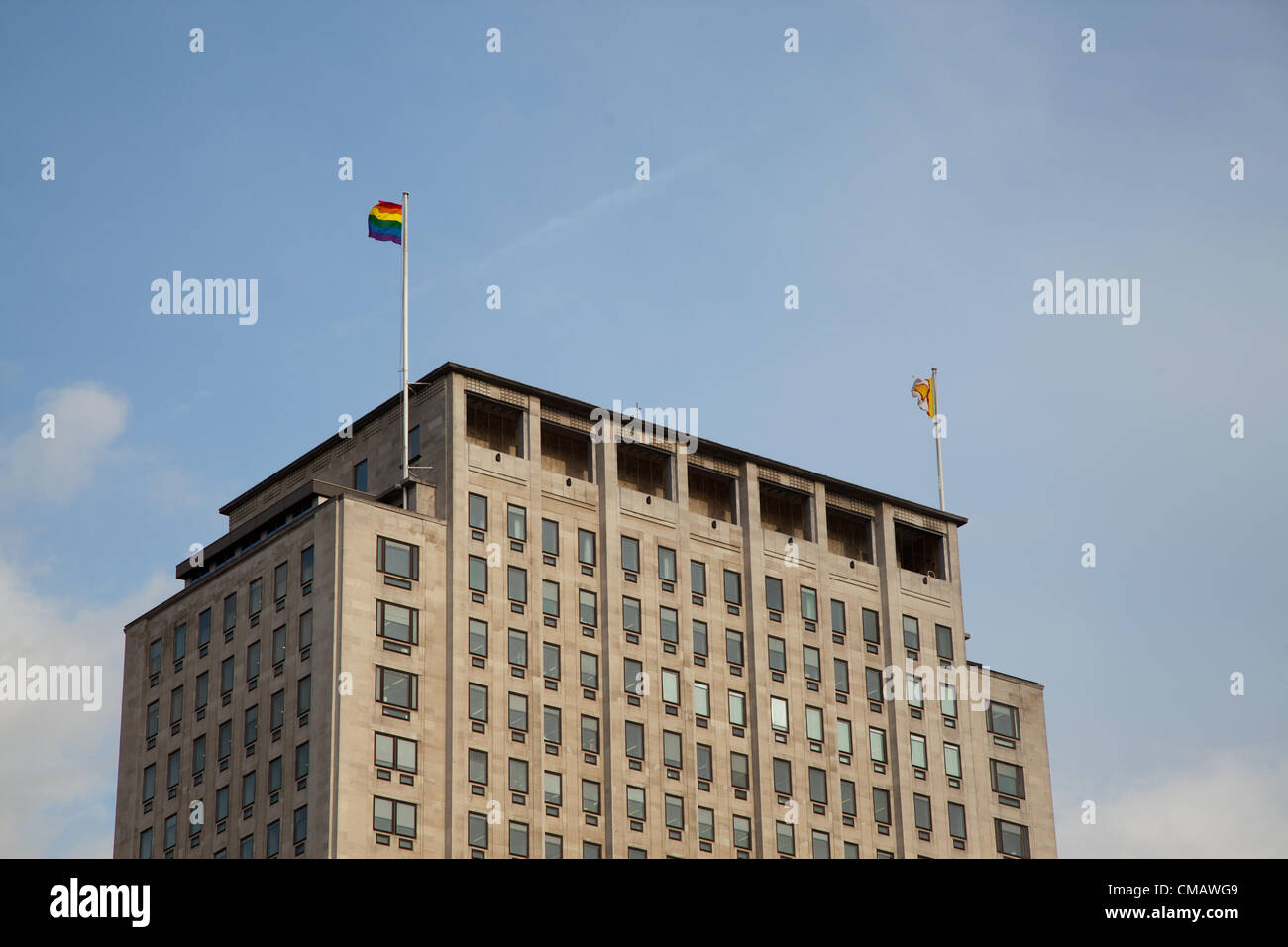 The oil company flies the rainbow flag which is associated to the LGBT community for the Pride celebration in London, UK. Saturday 7th of June 2012. Stock Photo