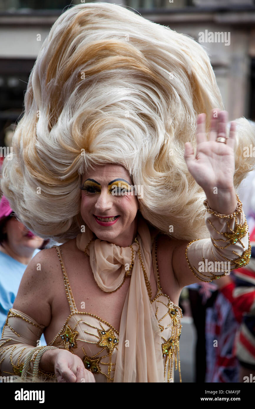 Costumed participants at the World Gay Pride procession in Regent Street, Central London, UK – 7 July 2012 Stock Photo