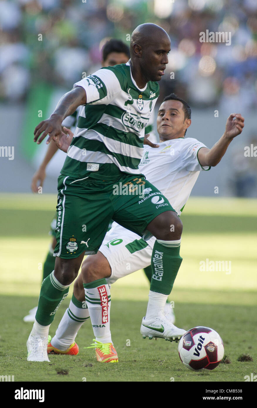 July 9, 2012 - Carson, California, USA - Felipe Baloy #23 of Santos Laguna with the ball as they faced Club Leon, as both teams from Mexico  faced each other  in a friendly match at the Home Depot Center in Carson, California, Sunday, 8 July, 2012  (Credit Image: © Javier Rojas/Prensa Internacional/ZUMAPRESS.com) Stock Photo