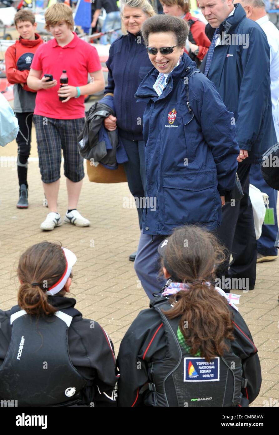 Princess Anne attending a schools regatta at the Weymouth and Portland National Sailing Academy, Dorset. Britain. 09/07/2012 PICTURE BY: DORSET MEDIA SERVICE Stock Photo