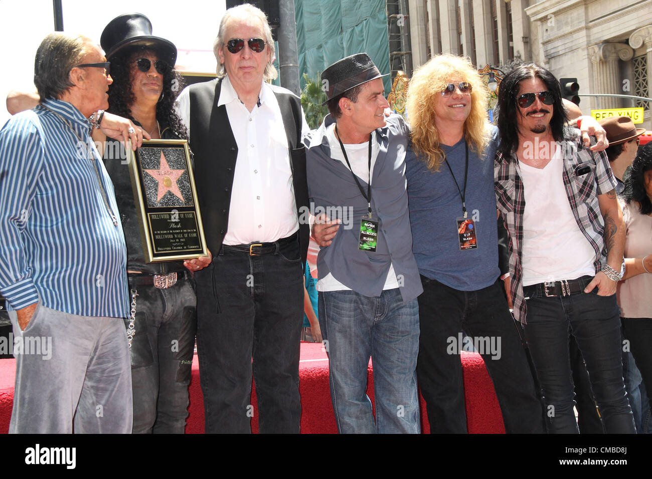 July 9, 2012 - Hollywood, California, U.S. - I15518CHW .Slash Honored With Star On The Hollywood Walk Of Fame.Hollywood Blvd/Hard Rock Cafe, Hollywood, CA  .07/10/2012.ROBERT EVANS, SLASH, JIM LADD, CHARLIE SHEEN, STEVEN ADLER AND GILBERT CLARKE . 2012(Credit Image: Â© Clinton Wallace/Globe Photos/ZUMAPRESS.com) Stock Photo