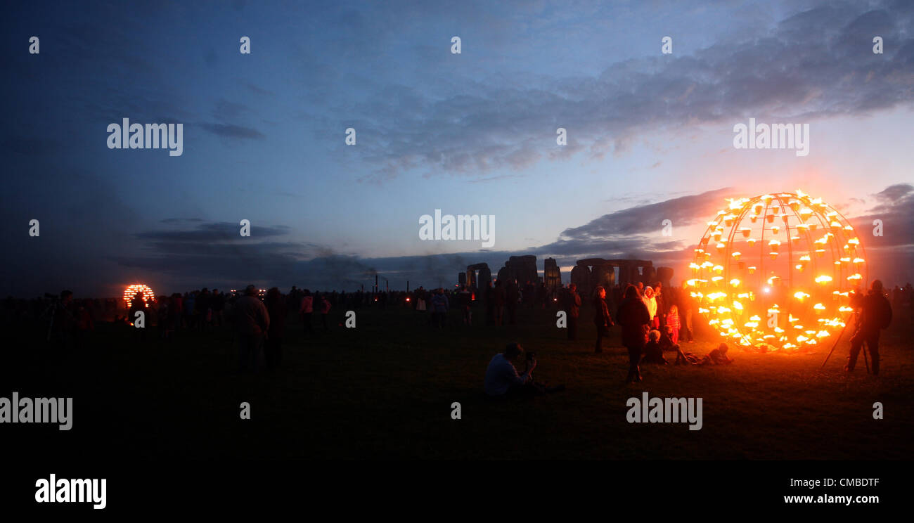stonehenge uk-10 07 12 fire garden at stonehenge , created by French outdoor fire alchemists Compagnie Carabosse, Stock Photo