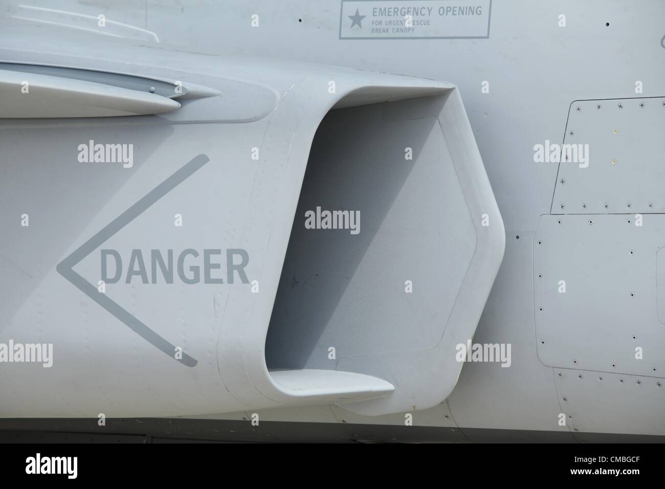 11 June 2012. Farnborough International airshow.  Pictured - Air intake duck on a SAAB Gripen Stock Photo