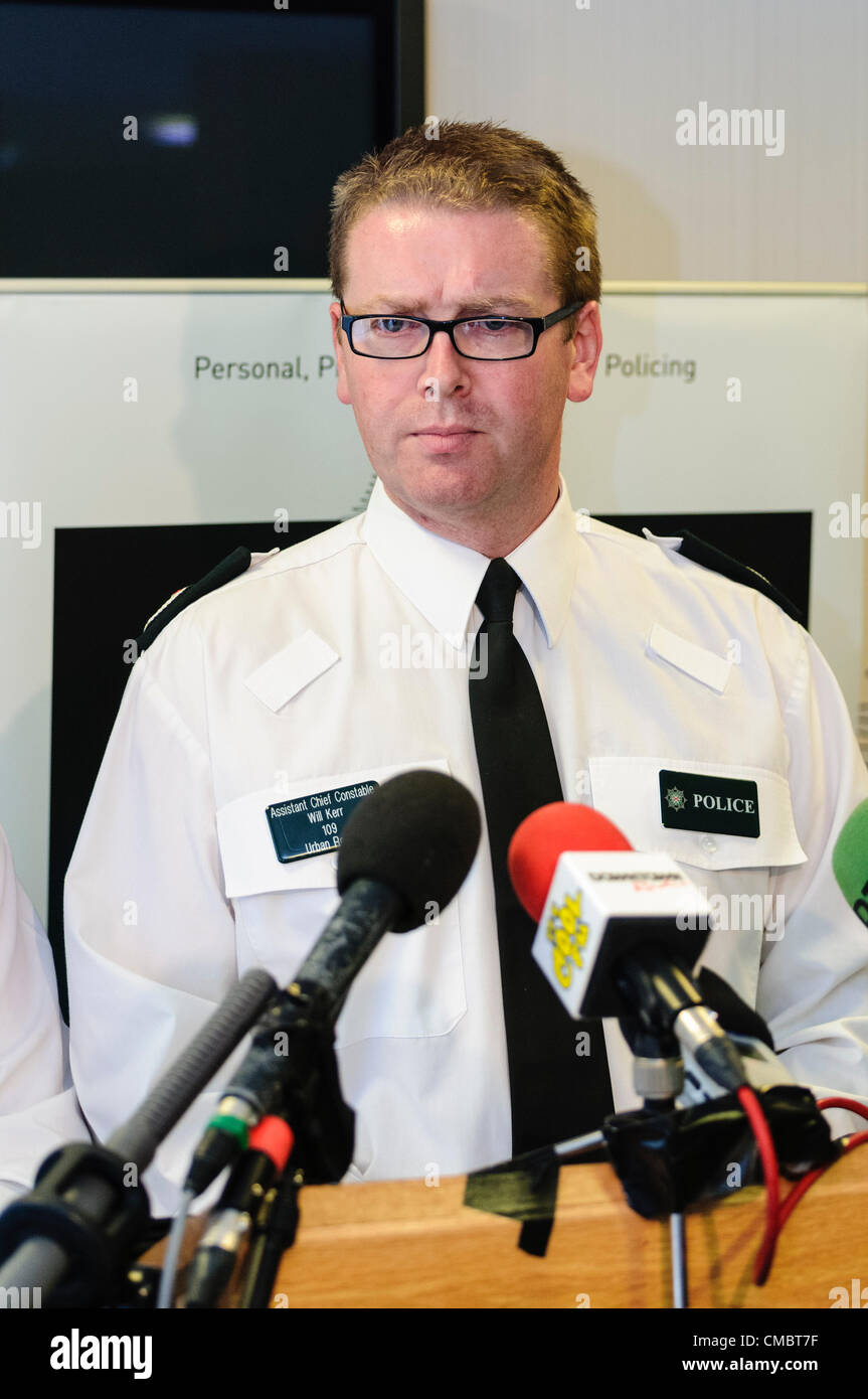 Belfast 13/07/2012 - PSNI Assistant Chief Constable, Will Kerr, gives a press conference regarding the violence which broke out in Ardoyne area of Belfast on the evening of the 12/07/2012 Stock Photo