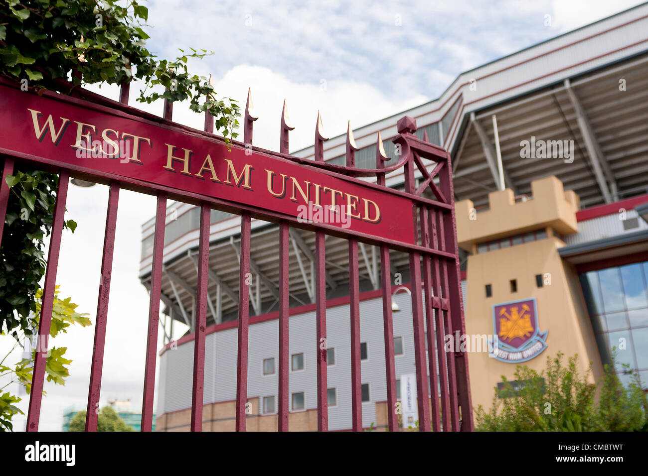 Entrance gates for West Ham United FC, London. Known as Upton Park or the Boleyn Ground. An English Premier League (EPL) Soccer football team. Detail close up for editorial. Stock Photo