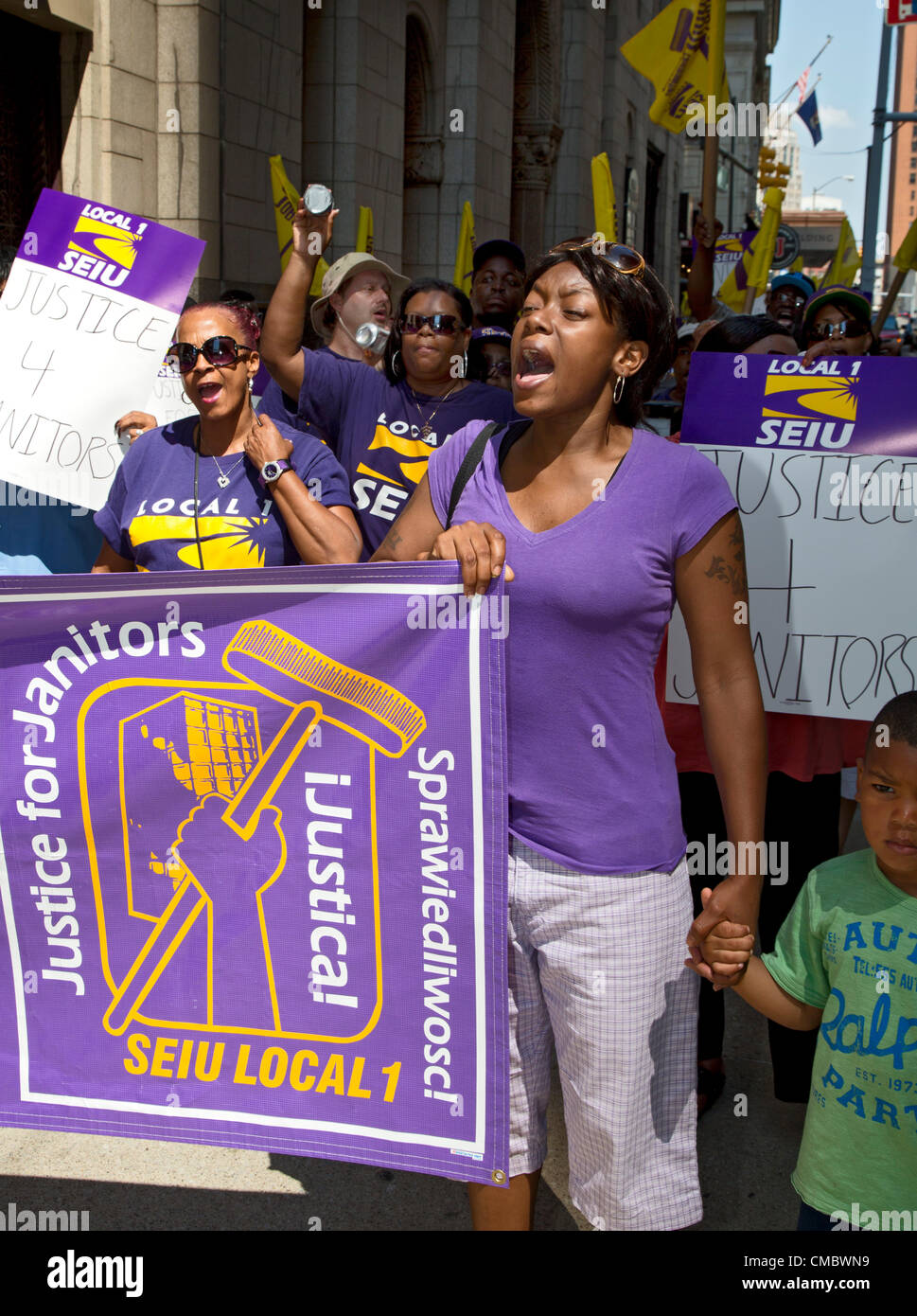 Detroit, Michigan Janitors march through downtown Detroit, calling
