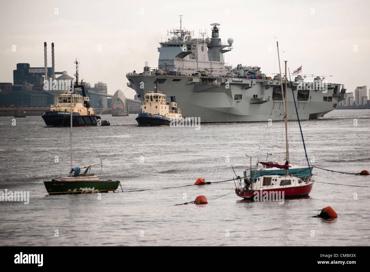 Friday 13th July 2012 Operation Olympics, HMS Ocean takes her place on the  River Thames in preparation for London 2012 Olympic Games security  operation Stock Photo - Alamy