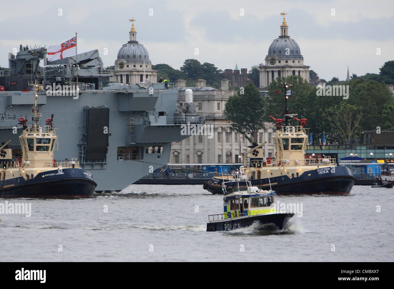 Friday 13th July 2012 Operation Olympics, HMS Ocean takes her place on the  River Thames in preparation for London 2012 Olympic Games security  operation Stock Photo - Alamy