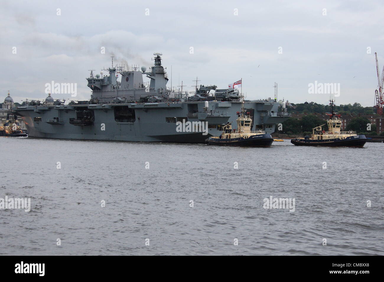 Friday 13th July 2012 Operation Olympics, HMS Ocean takes her place on the  River Thames in preparation for London 2012 Olympic Games security  operation Stock Photo - Alamy