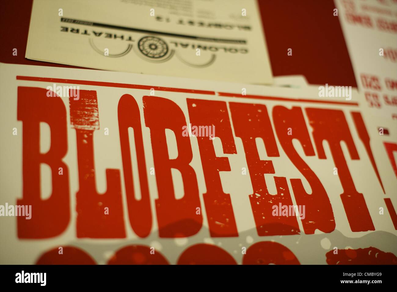 July 13, 2012 - Phoenixville, Pennsylvania, U.S - A bold sign is displayed for the 13th annual Blobfest.  The festival features the recreation of the climatic scene in the 1958 horror film 'The Blob' at the Colonial Theater in Phoenixville, PA. (Credit Image: © Mark Makela/ZUMAPRESS.com) Stock Photo