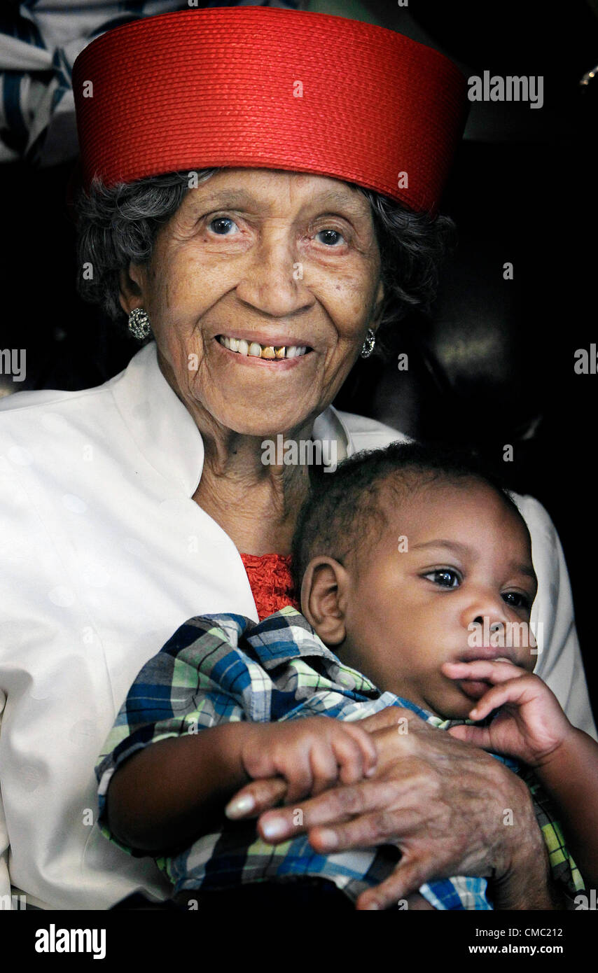 March 31, 2012 - Byhalia, Ms, U.S. - July 14, 2012 - Willie Mae Irving (top) holder her great great grandson Jordan Christopher, 5 months, (bottom) during her 108th birthday party at New Sherron Baptist Church in Byhalia, Ms., Saturday afternoon. Irving celebrated with family and friends a day before her actually birthday. Irving was born on July 15, 1904. (Credit Image: © Mark Weber/The Commercial Appeal/ZUMAPRESS.com) Stock Photo