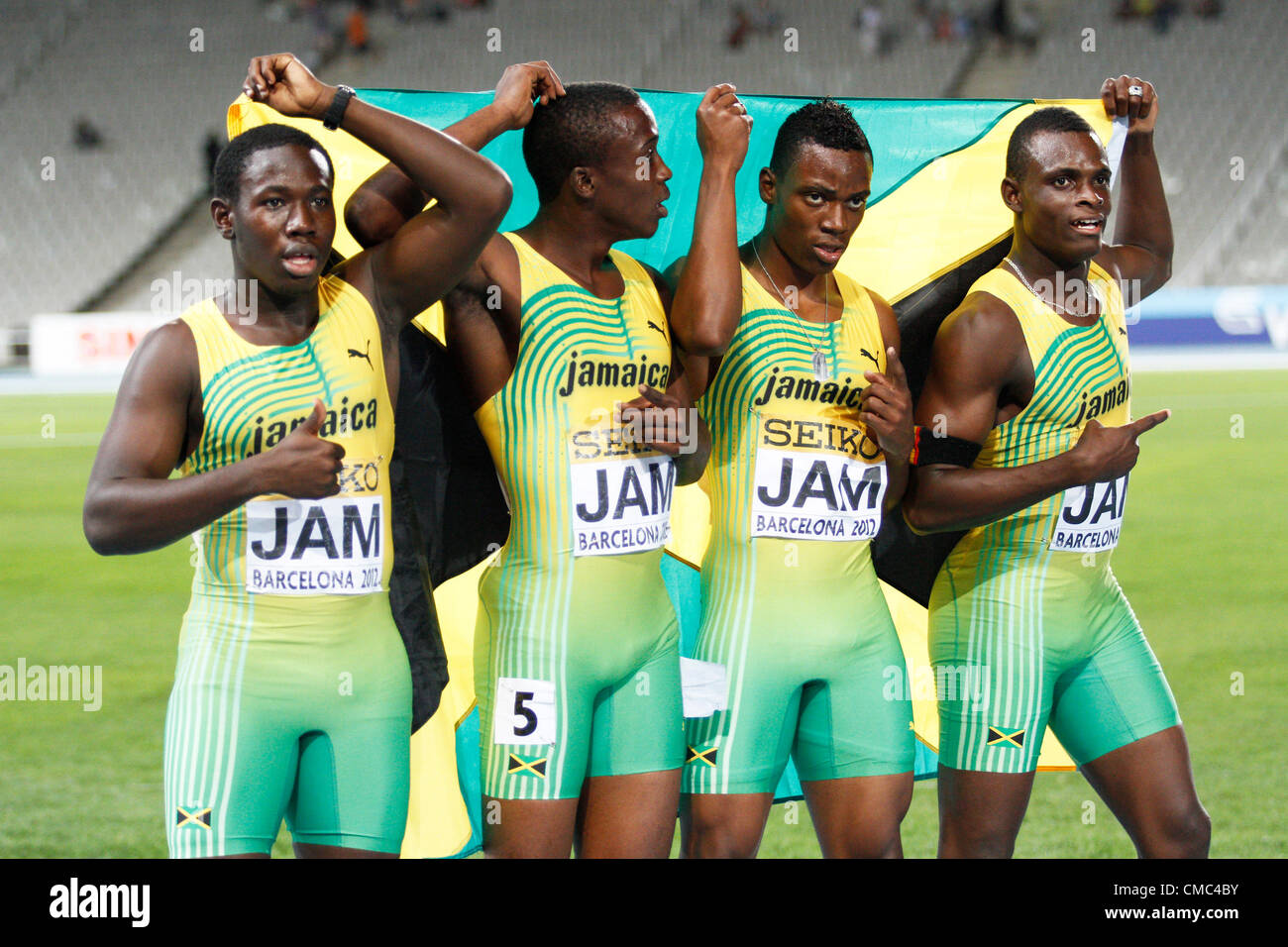 14.07.2012 Barcelona, Spain. Jamaica team wins silver medal 4x100 Metres Relay for Men during day 5 of the IAAF World Junior Championships from the Montjuic Olympic Stadium in Barcelona. Stock Photo