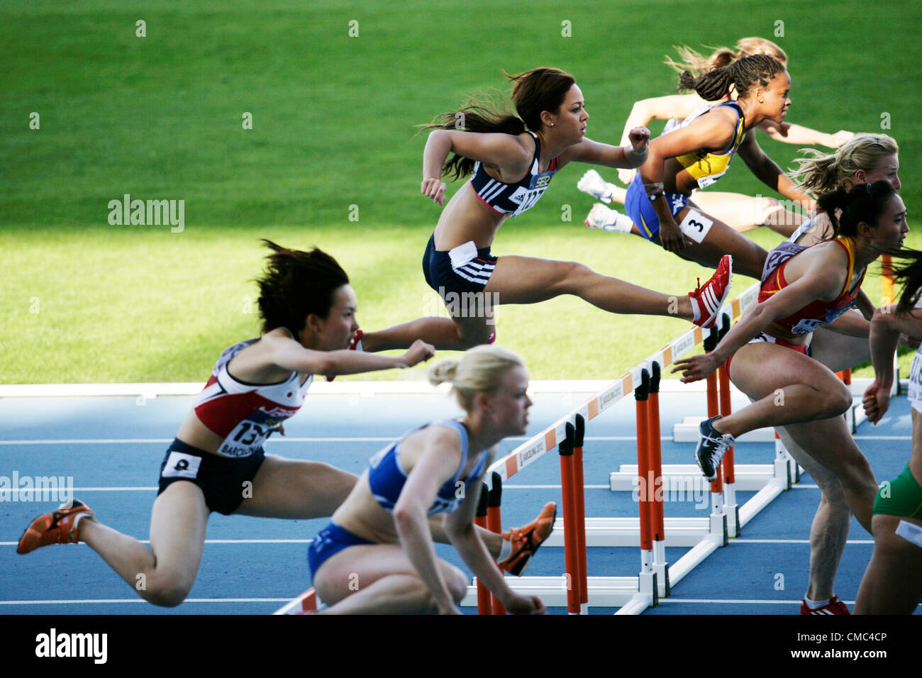 14.07.2012 Barcelona, Spain. Katarina JOHNSON-THOMPSON GBR competes in the  100 Metres Hurdles for women Semi Final during day 5 of the IAAF World Junior Championships from the Montjuic Olympic Stadium in Barcelona. Stock Photo